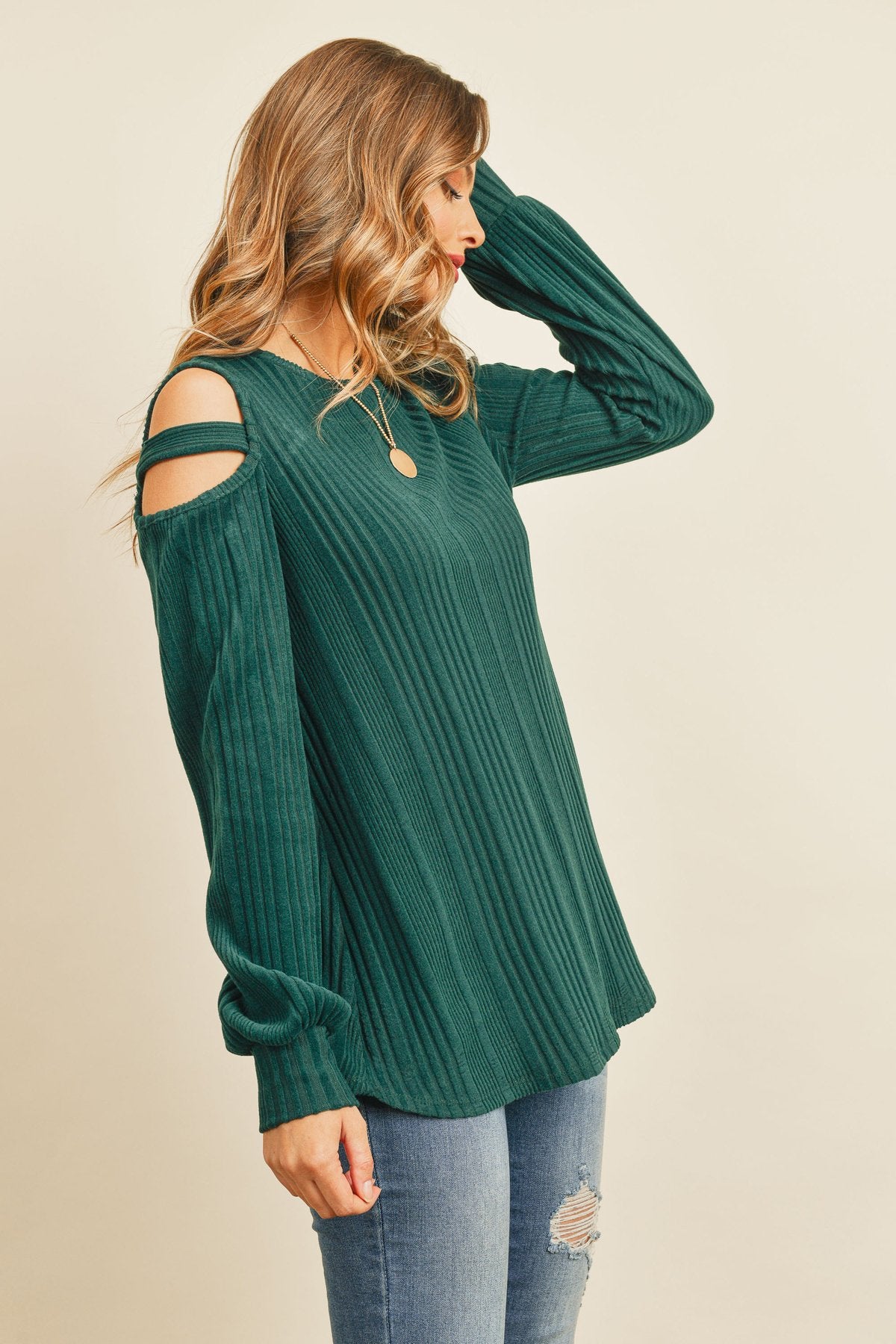 Ladder Open Should Long Sleeved Rib Detail Top - LOLA LUXE