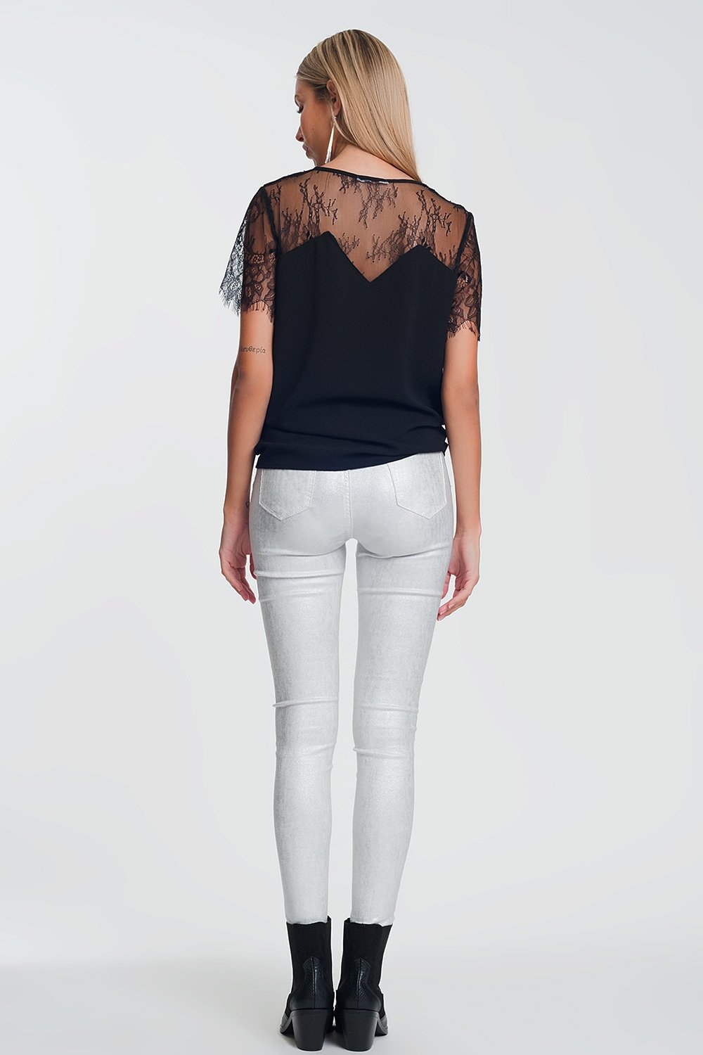 Super Skinny High Waisted Pants With Silver Sparkle in White - LOLA LUXE