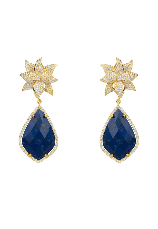 Lotus Flower Lapis Lazuli Teardrop Earrings Gold - lolaluxeshop