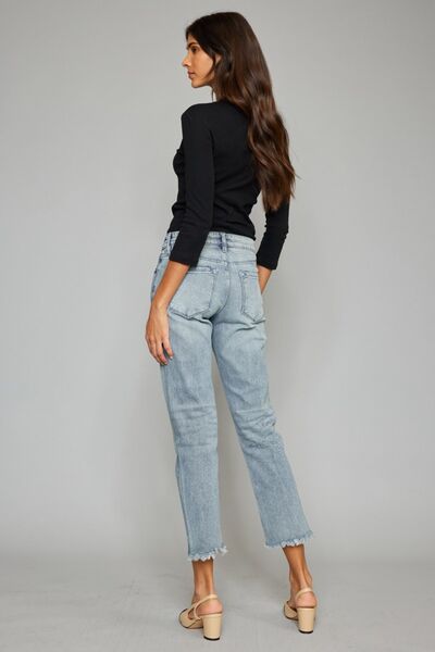 Kancan High Waist Button Fly Raw Hem Cropped Straight Jeans - lolaluxeshop