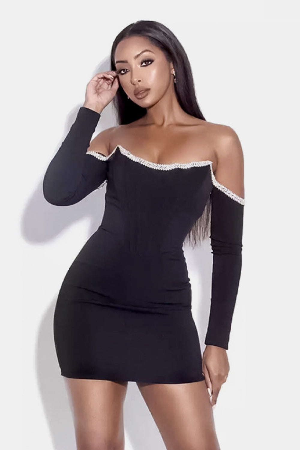 Off-Shoulder Long Sleeve Mini Dress with Rhinestone Detail - LOLA LUXE