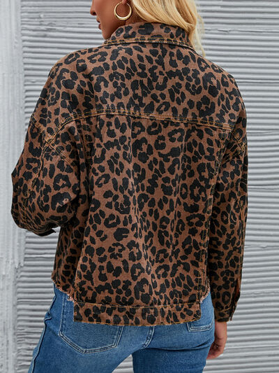 Leopard Button Up Dropped Shoulder Denim Jacket - lolaluxeshop