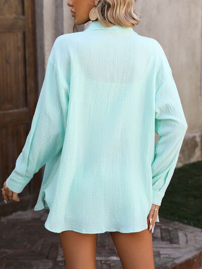 Textured Button Up Dropped Shoulder Shirt - lolaluxeshop