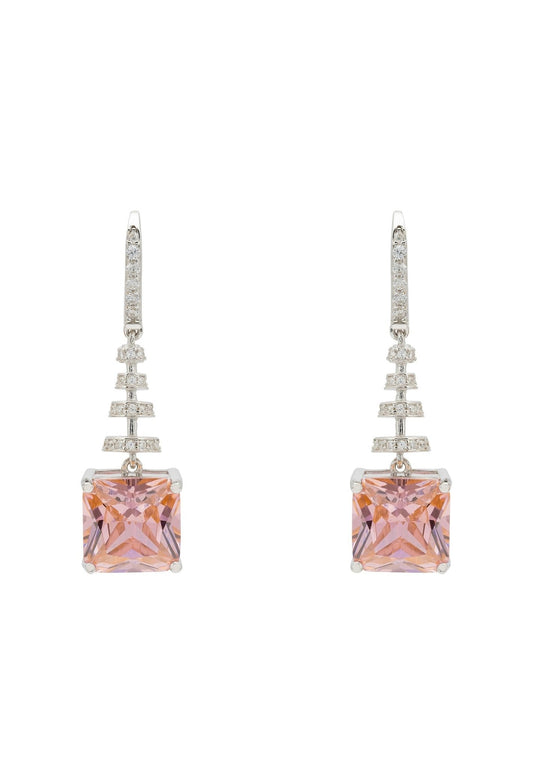 Spiral Square Crystal Drop Earrings Morganite Pink Silver - lolaluxeshop