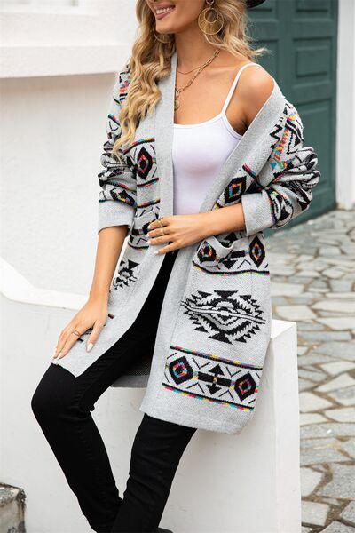 Pocketed Geometric Open Front Dropped Shoulder Cardigan - lolaluxeshop