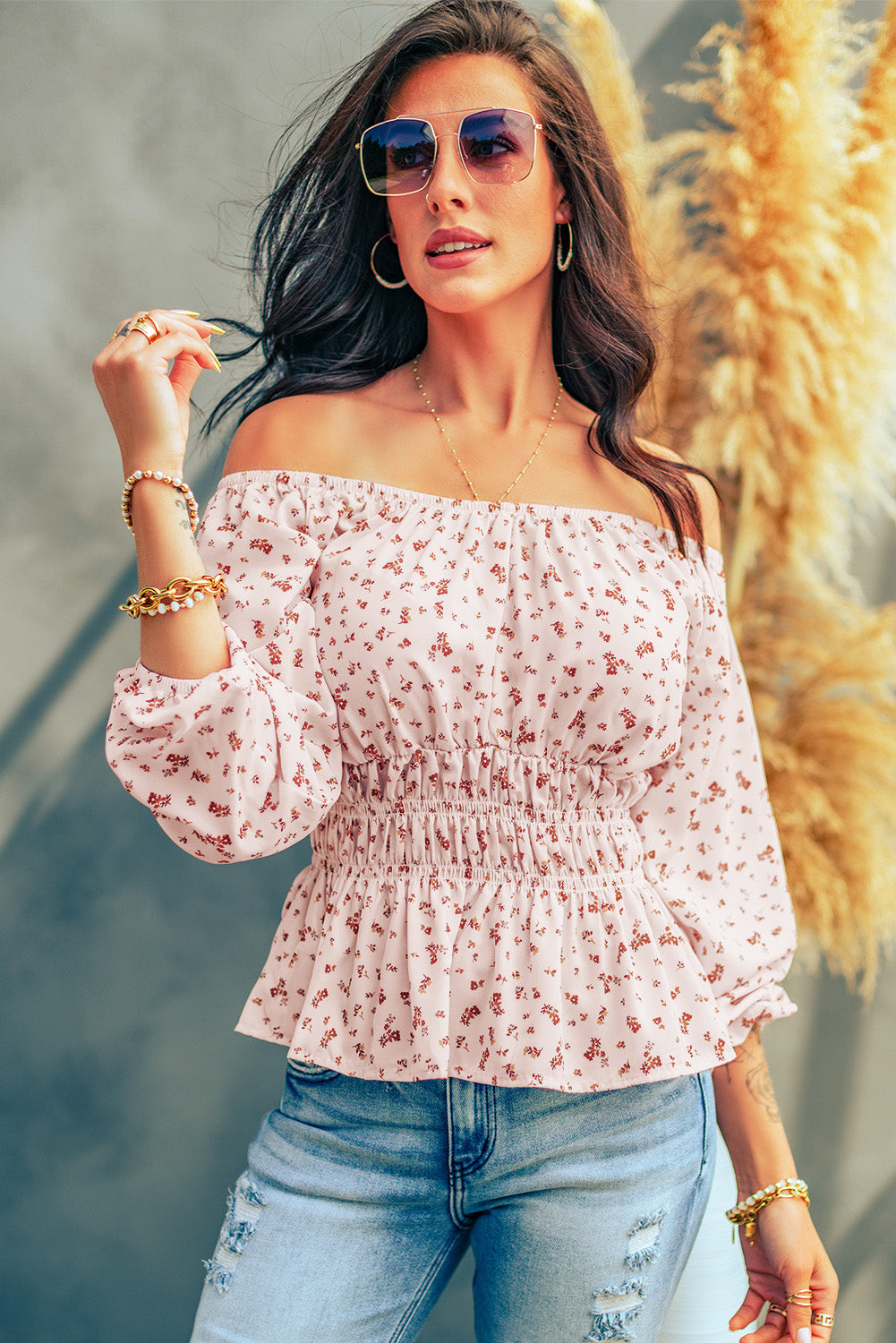 Ditsy Floral Off-Shoulder Peplum Blouse - LOLA LUXE