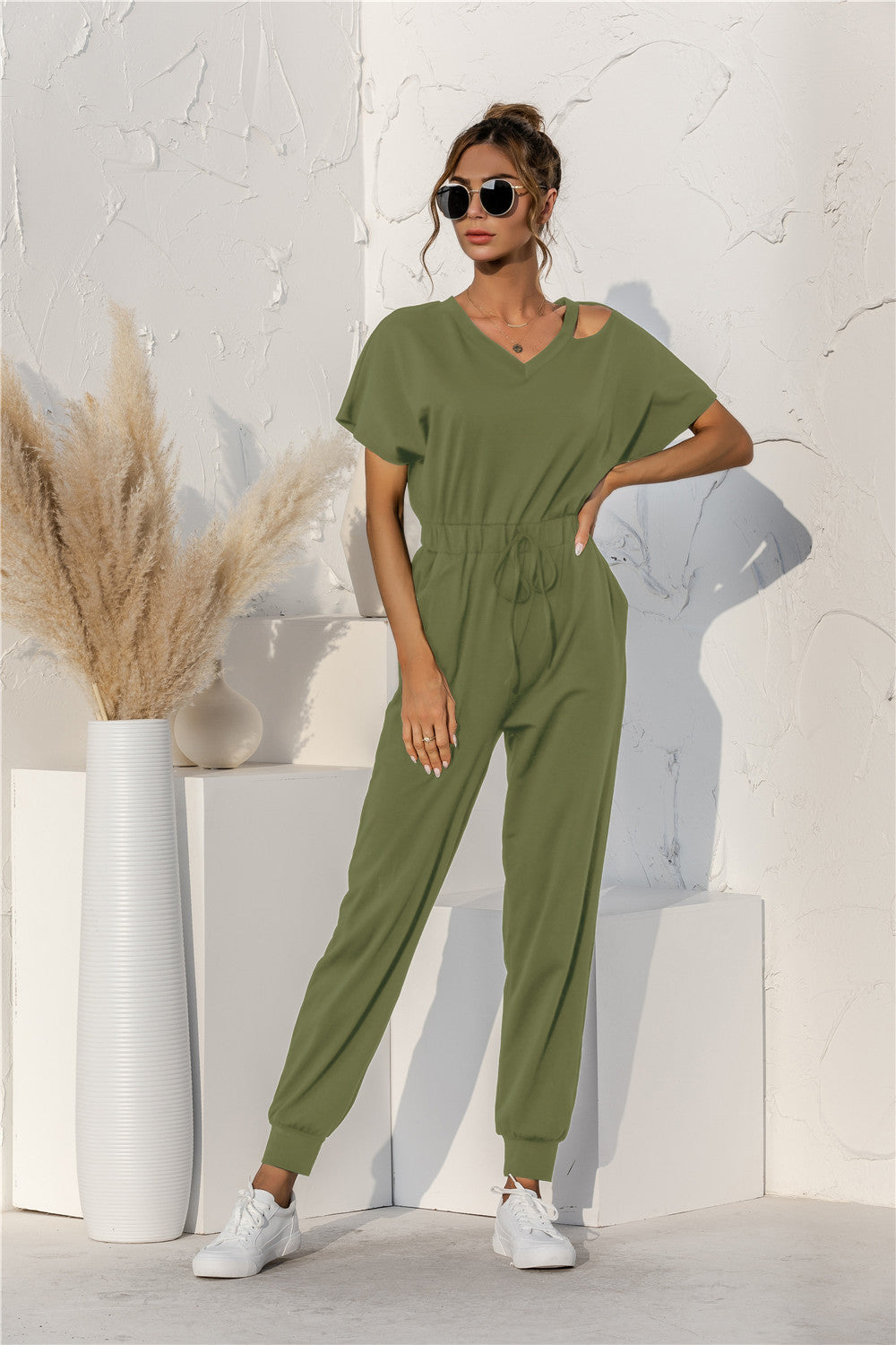 Cut Out V-neck Drawstring Jumpsuit - LOLA LUXE