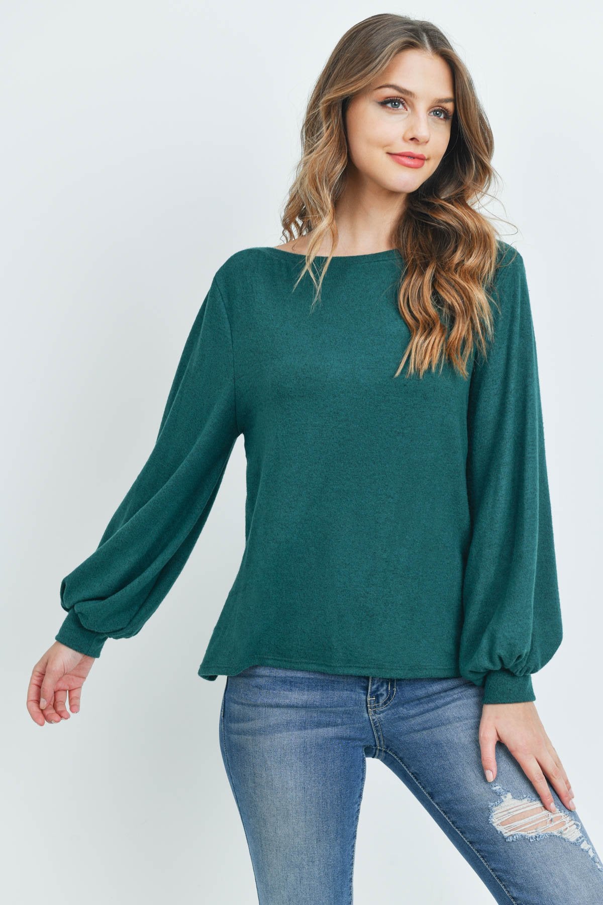 Puff Sleeved Boat Neck Two Toned Brushed Hacci Top - LOLA LUXE