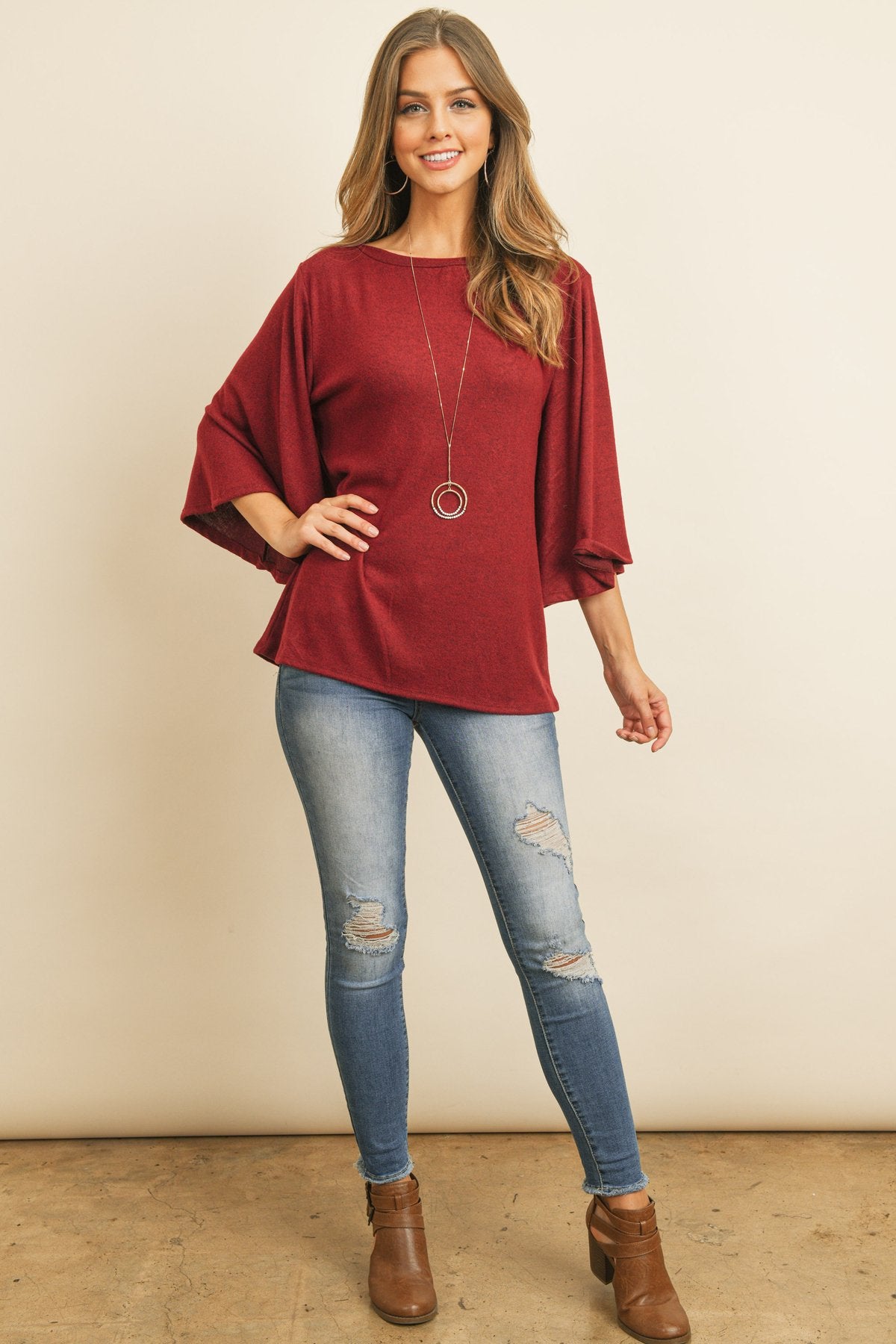 Boat Neck Bell Sleeve Solid Hacci Brushed Top - LOLA LUXE