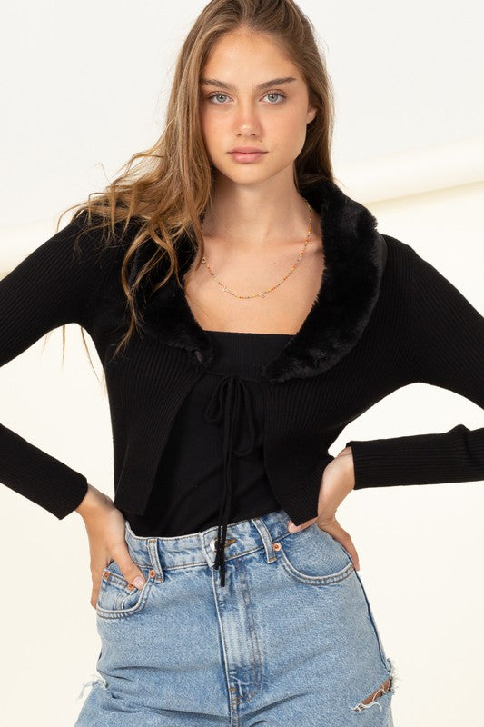 MISS MESMERIZE FUR TRIM TIE FRONT RIBBED CARDIGAN - LOLA LUXE
