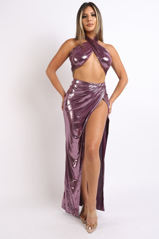 Foil Surplice Halter Top and Opened Maxi Skirt - LOLA LUXE