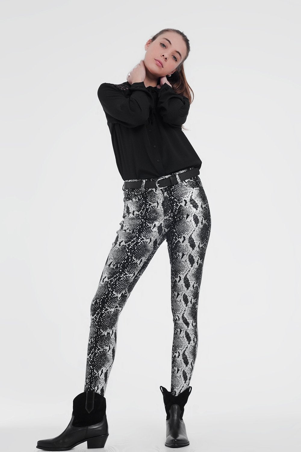 Black Skinny Shiny Printed Pants - LOLA LUXE