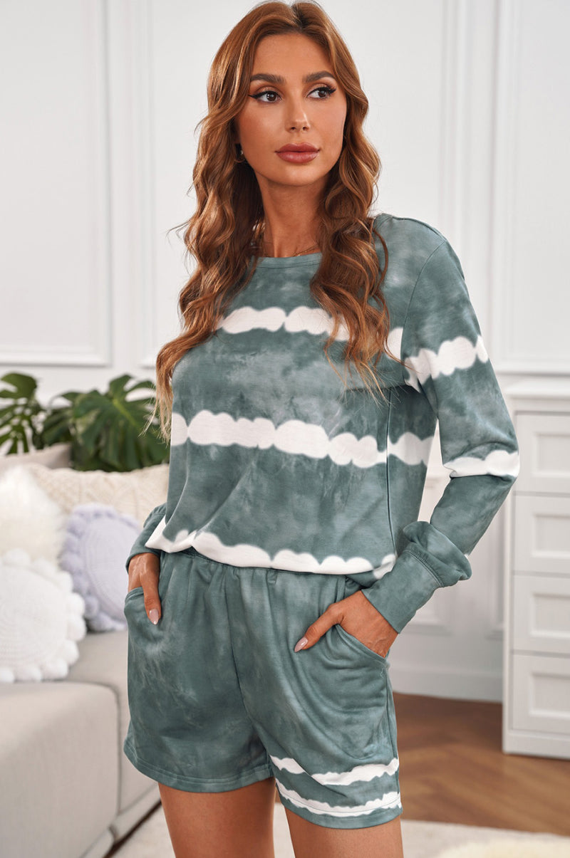 Tie-dyed Stripes Long Sleeve Shorts Lounge Set - LOLA LUXE