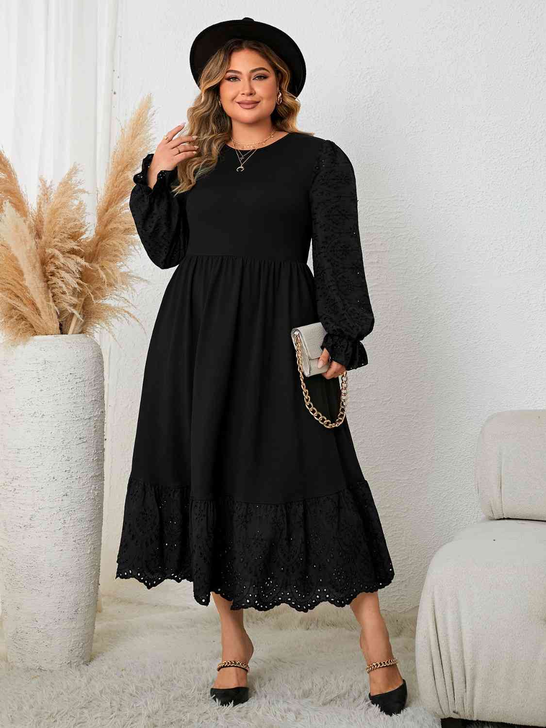 Plus Size Flounce Sleeve Lace Detail Dress - lolaluxeshop