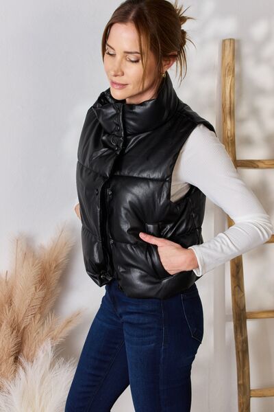 Love Tree Faux Leather Snap and Zip Closure Vest Coat - lolaluxeshop