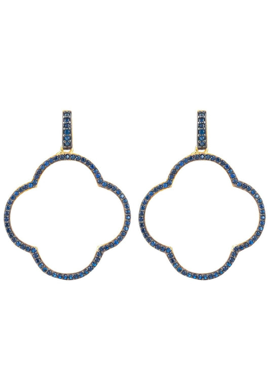 Open Clover Large Drop Earrings Gold Sapphire Blue Cz - lolaluxeshop