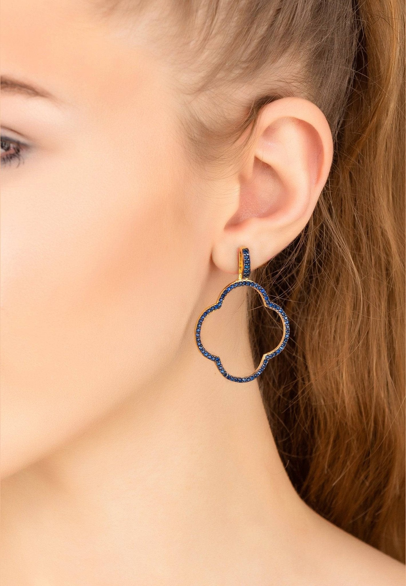 Open Clover Large Drop Earrings Gold Sapphire Blue Cz - lolaluxeshop