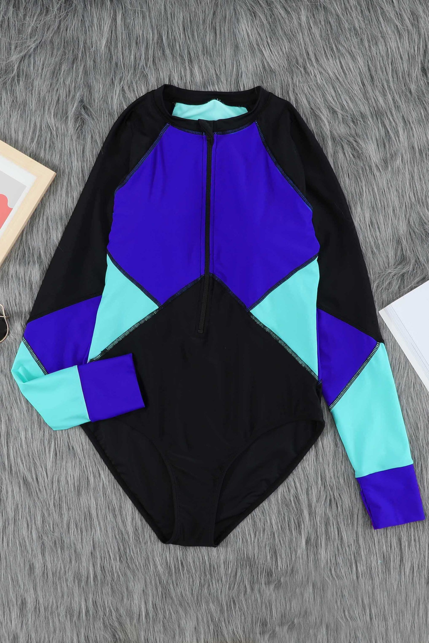 Color Block Half Zip Long Sleeve One-Piece Swimsuit - LOLA LUXE