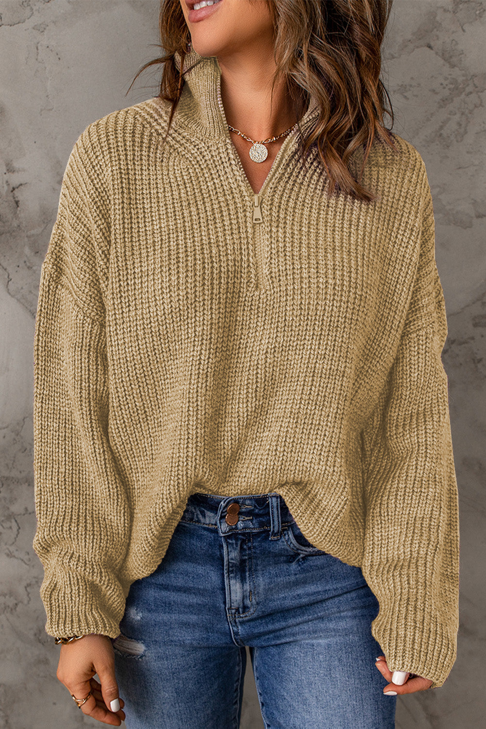 Half Zip Rib-Knit Dropped Shoulder Sweater - LOLA LUXE