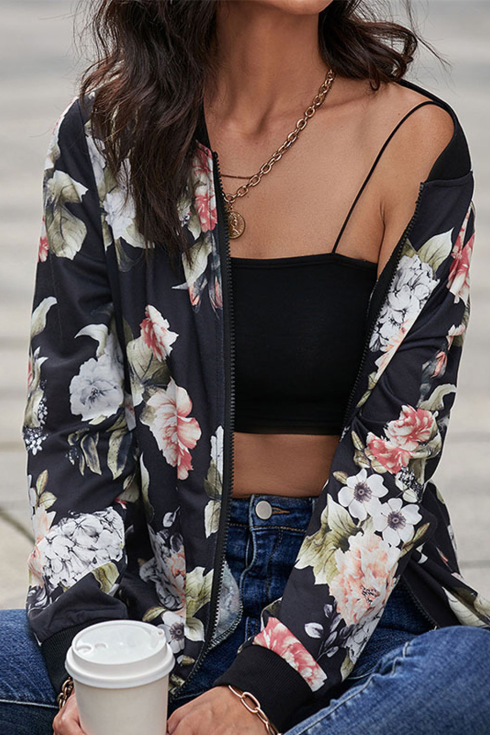 Floral Print Zip Up Bomber Jacket - LOLA LUXE
