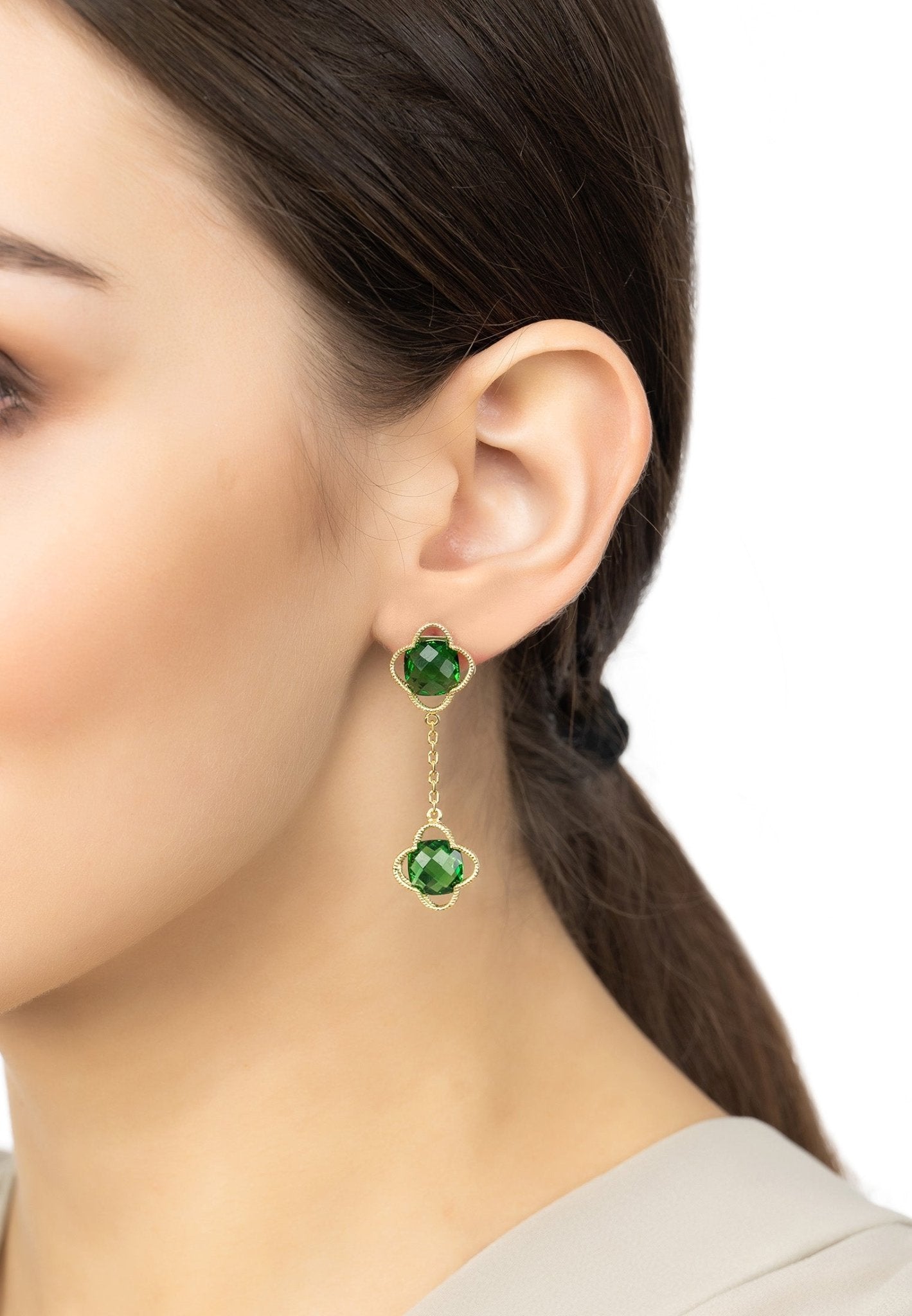 Open Clover Double Drop Earrings Gold Emerald - lolaluxeshop