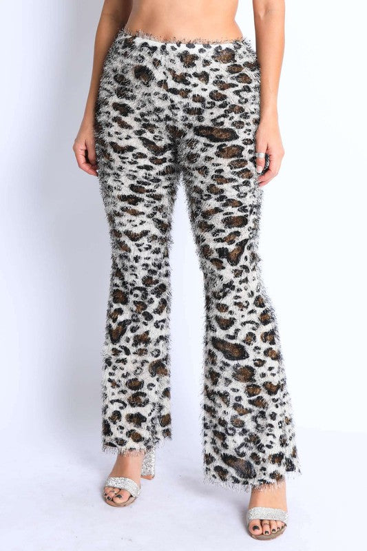 Fur leopard print bell bottom pants - lolaluxeshop