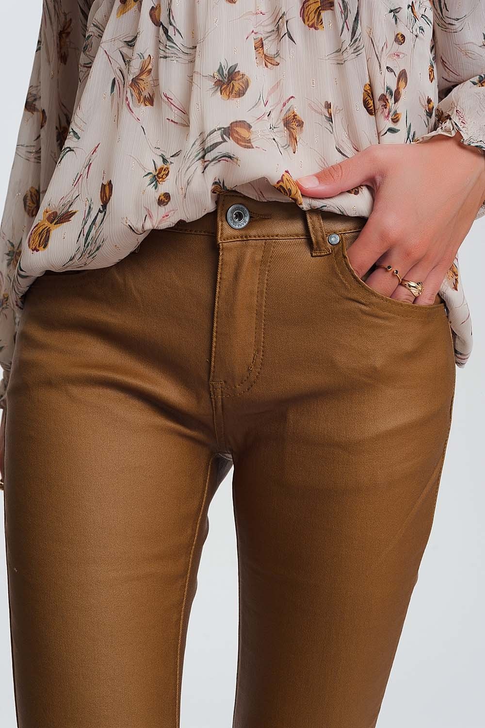 Coated Skinny Pants in Camel - LOLA LUXE