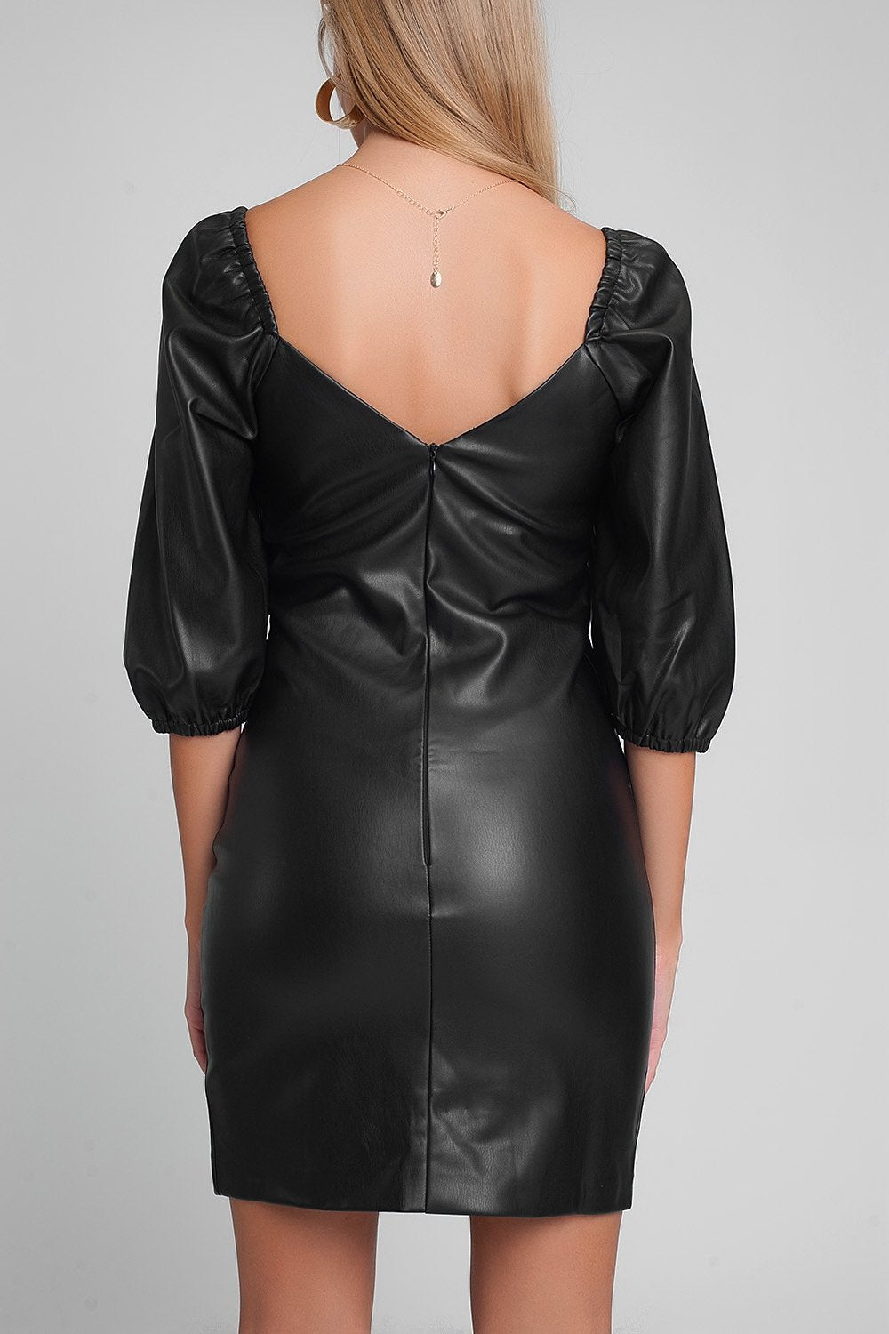 Faux Leather Mini Dress With Puff Sleeves in Black - LOLA LUXE