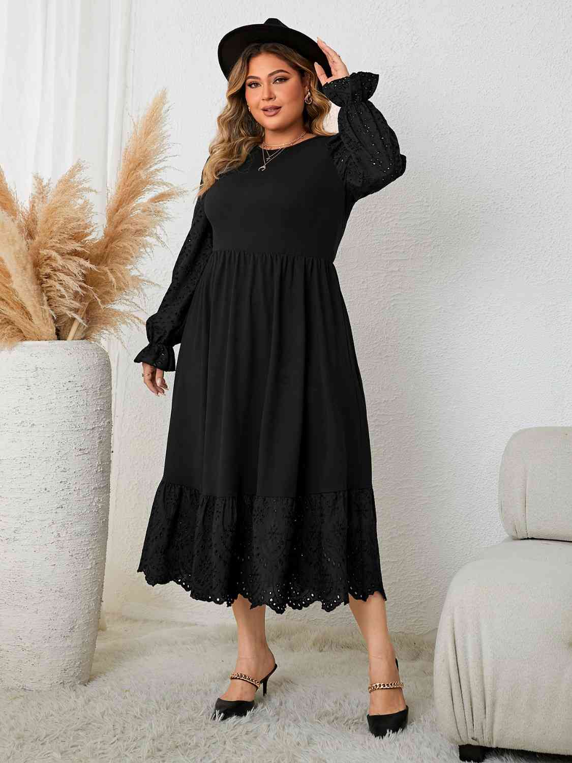 Plus Size Flounce Sleeve Lace Detail Dress - lolaluxeshop