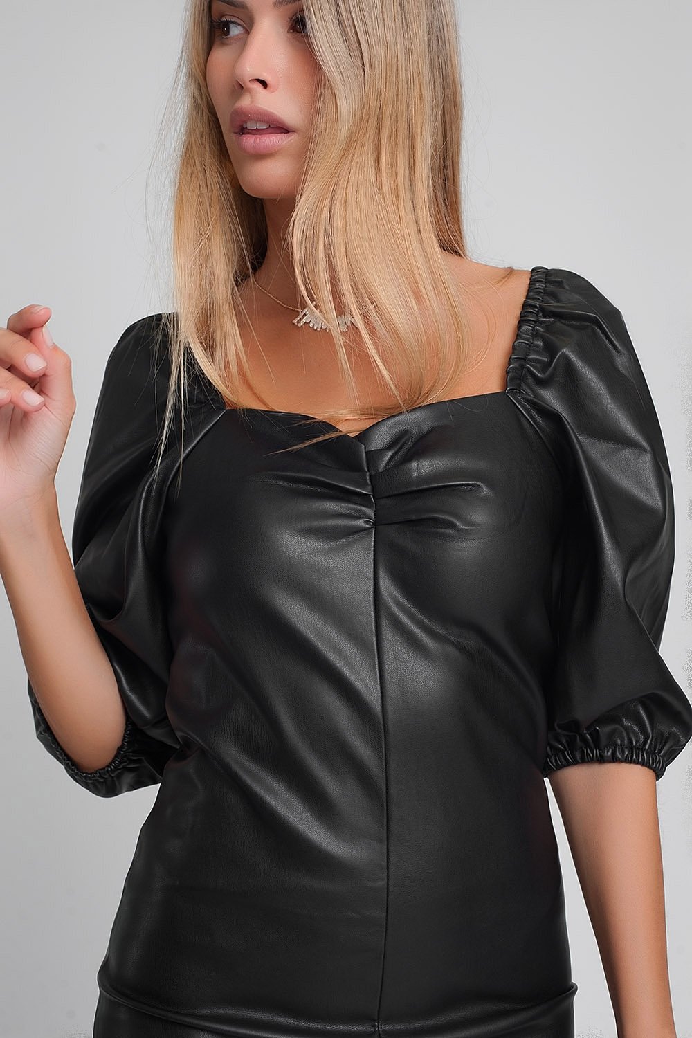 Faux Leather Mini Dress With Puff Sleeves in Black - LOLA LUXE