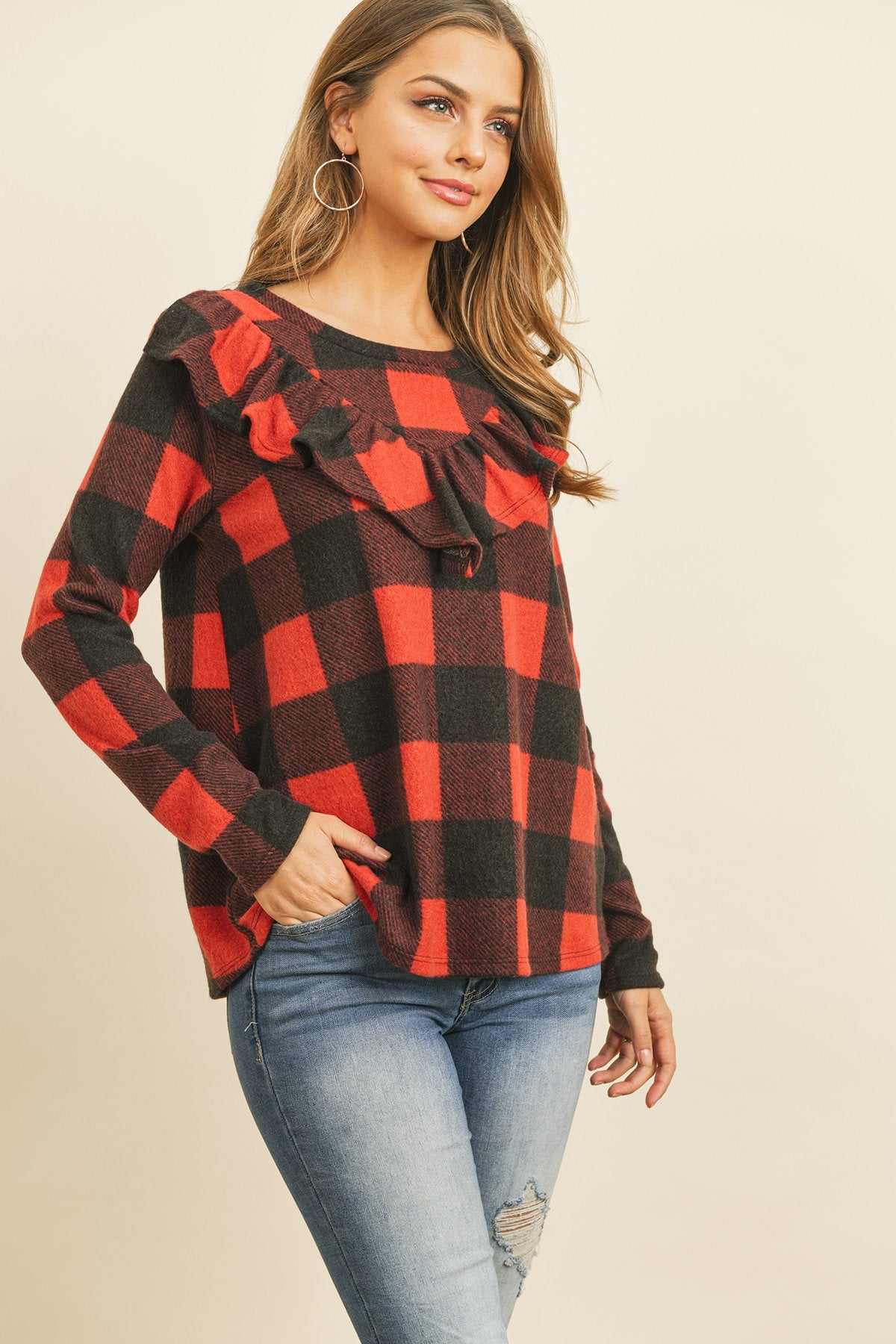 V-Shaped Brushed Plaid Ruffle Detail Long Sleeve Top - LOLA LUXE