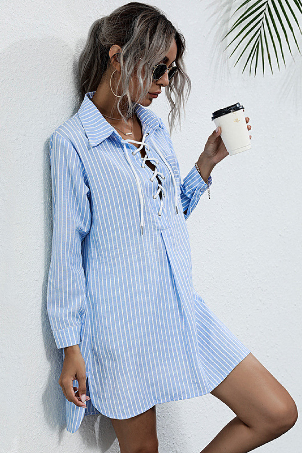 Lace Up Collar Shirt Dress - LOLA LUXE