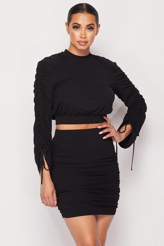Ruched Long Sleeve And Skirt Set - LOLA LUXE