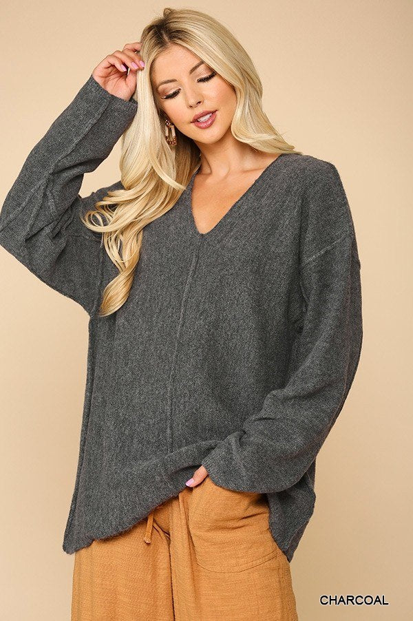 V-neck Solid Soft Sweater Top With Cut Edge - LOLA LUXE