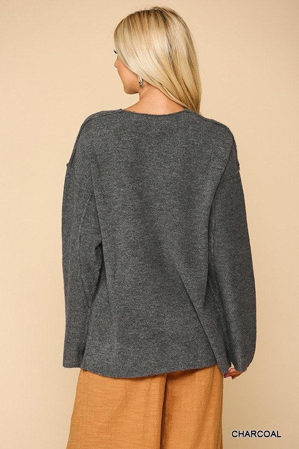 V-neck Solid Soft Sweater Top With Cut Edge - LOLA LUXE