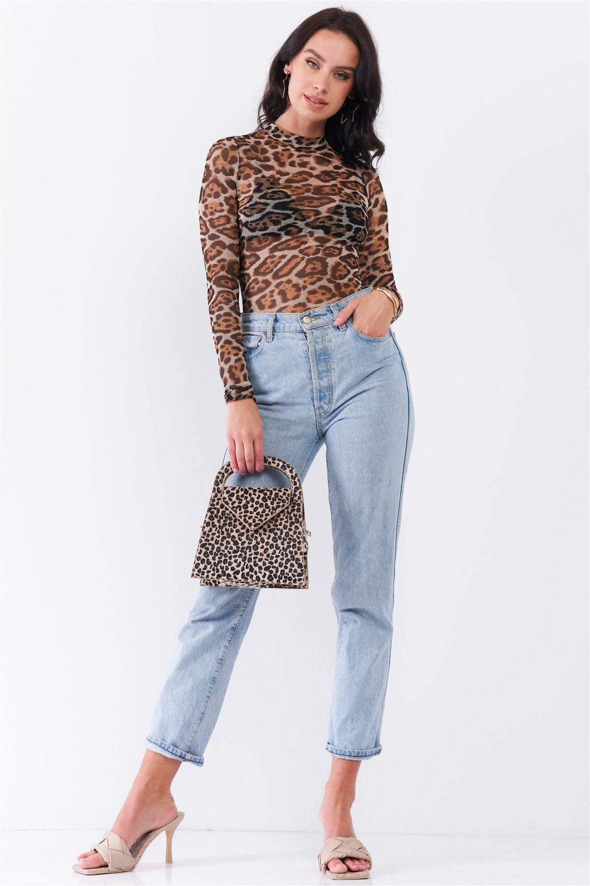 Taupe Brown Jaguar Print Sheer Mesh Mock Neck Long Sleeve Bodysuit - LOLA LUXE