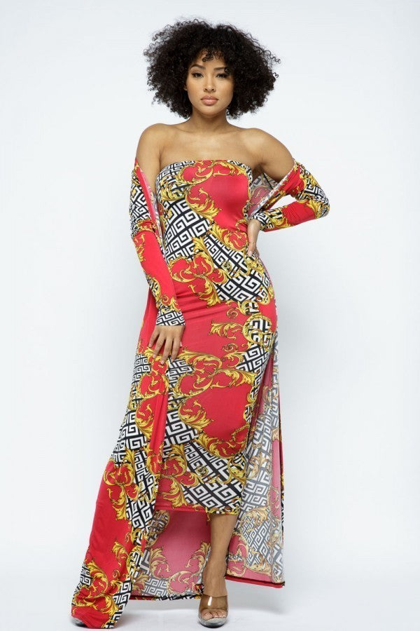 Venechia Print Tube Dress With Cardigan Set - LOLA LUXE