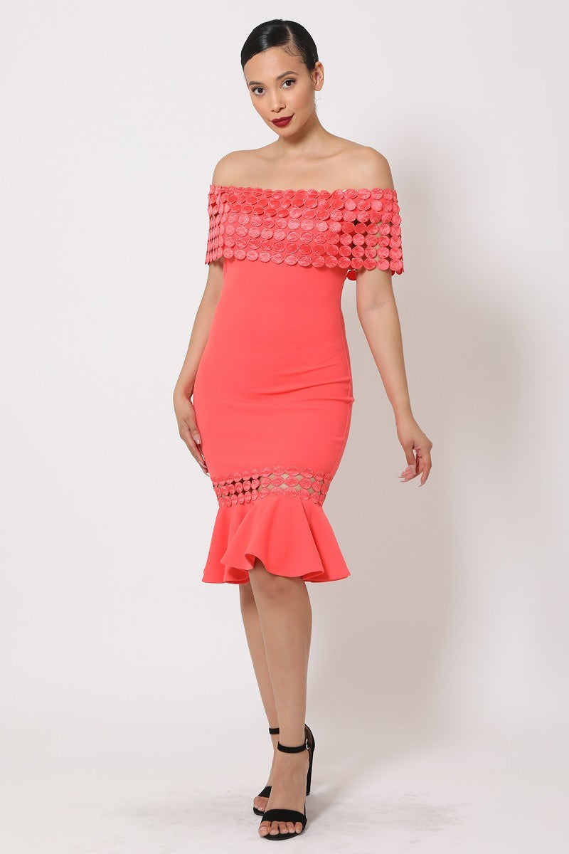 Off Shoulder Crochet Band Fashion Dress - LOLA LUXE