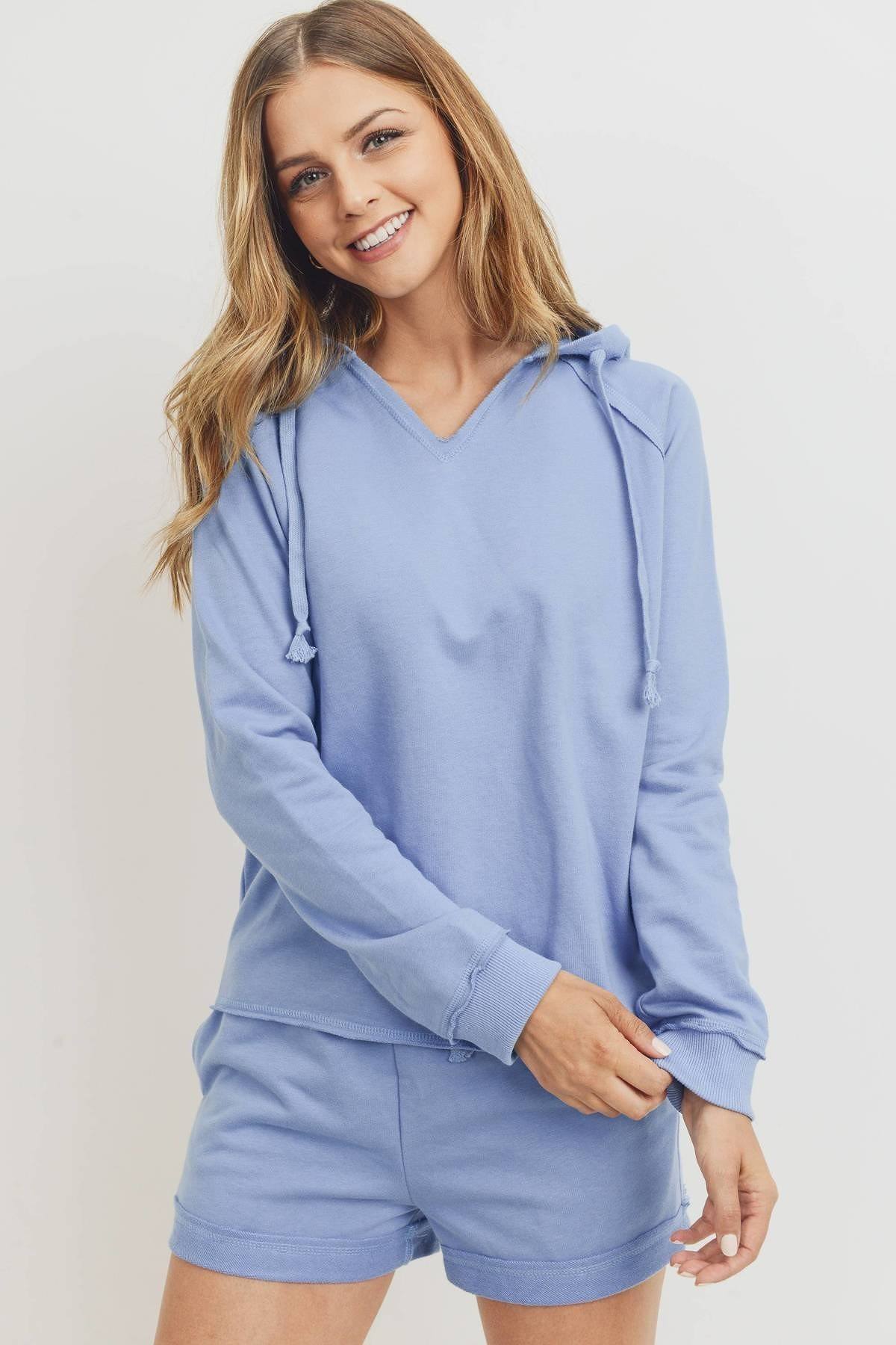 French Terry Hood With V-neck Long Sleeve Top - LOLA LUXE