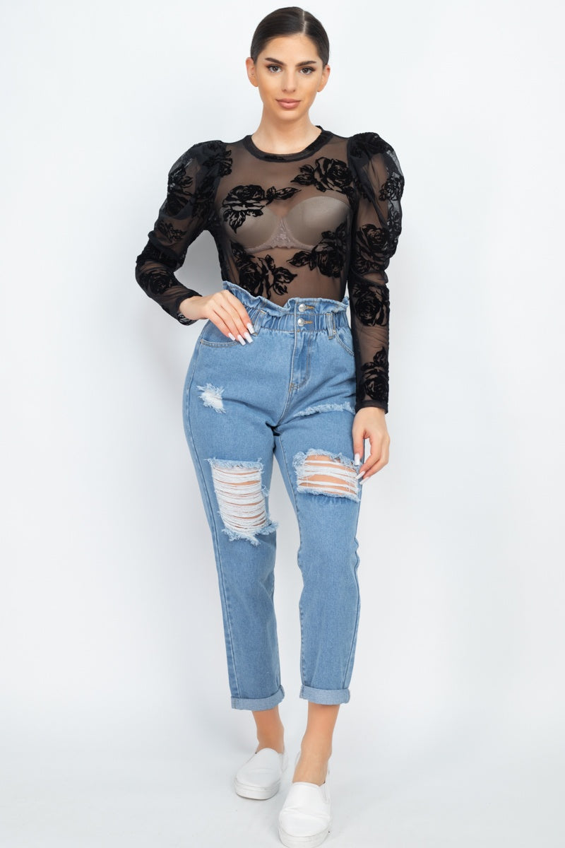 Floral-embroidered Long Puff Sleeves Top - LOLA LUXE
