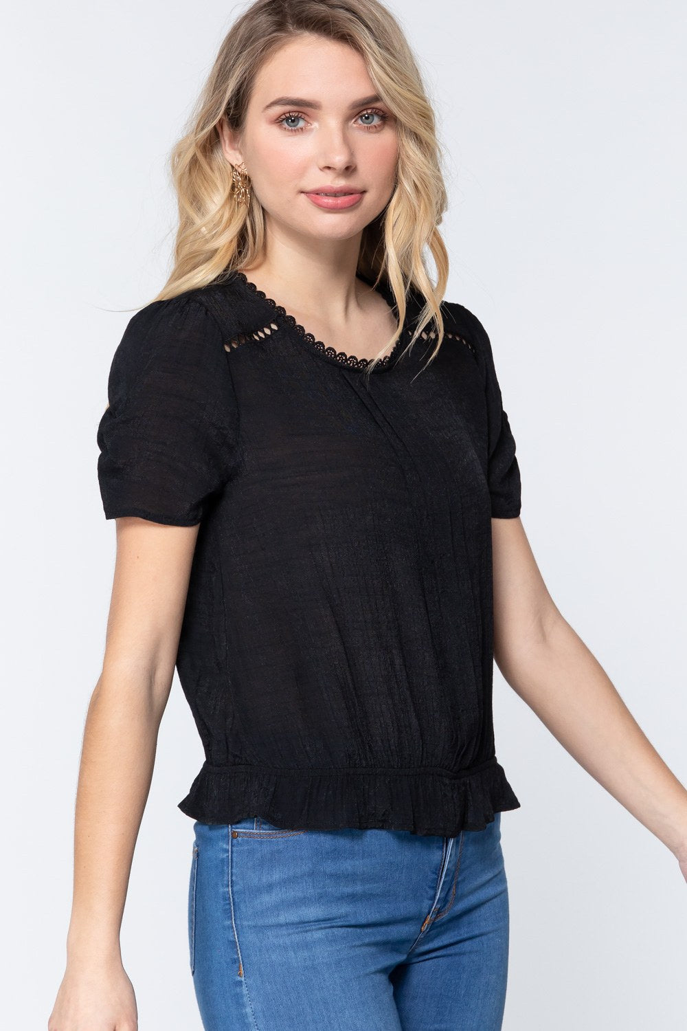 Short Shirring Slv Pleated Woven Top - LOLA LUXE