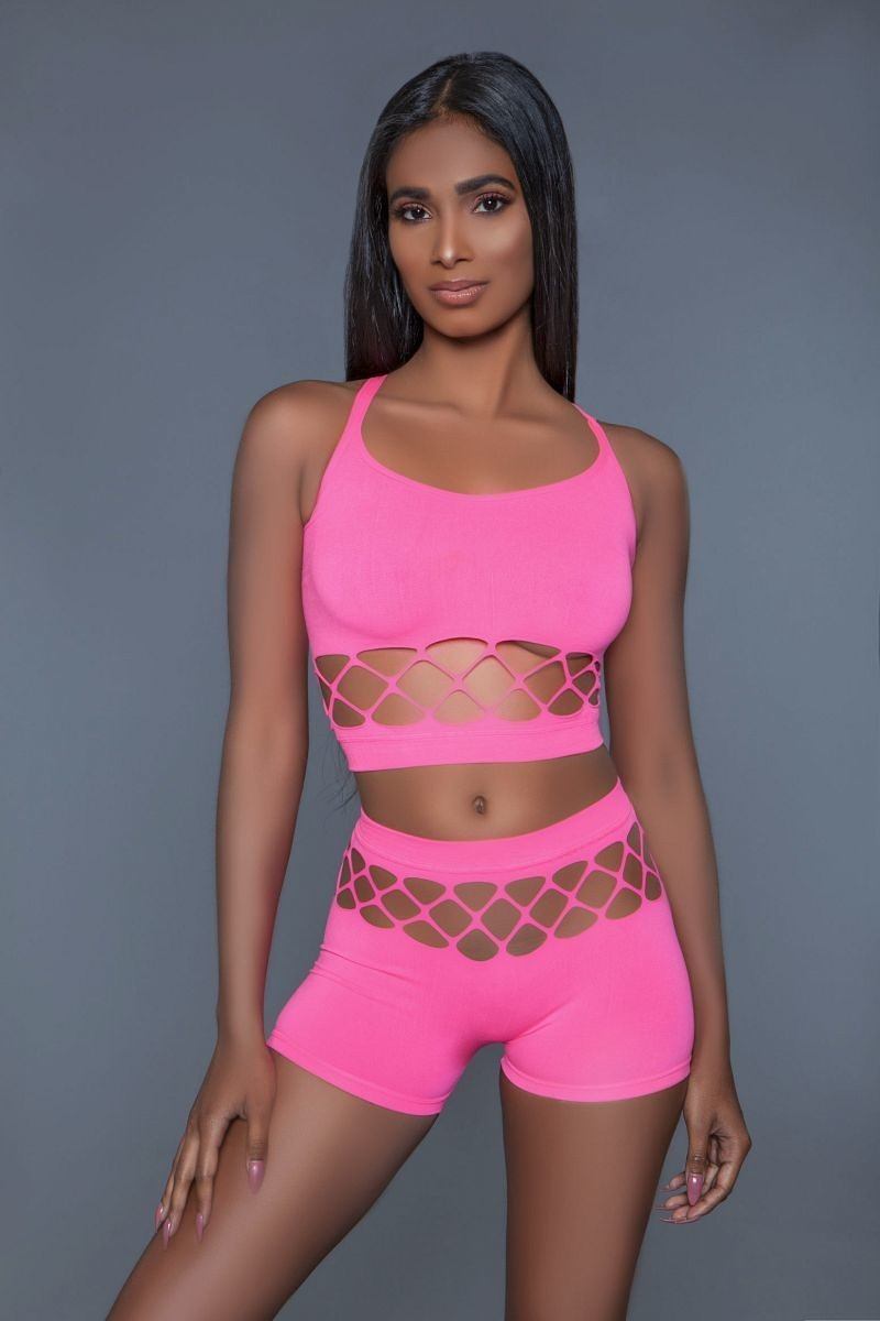 2 pc silk fishnet set that includes a tank crop top with criss-cross cami straps and a pair of high waisted booty shorts - LOLA LUXE