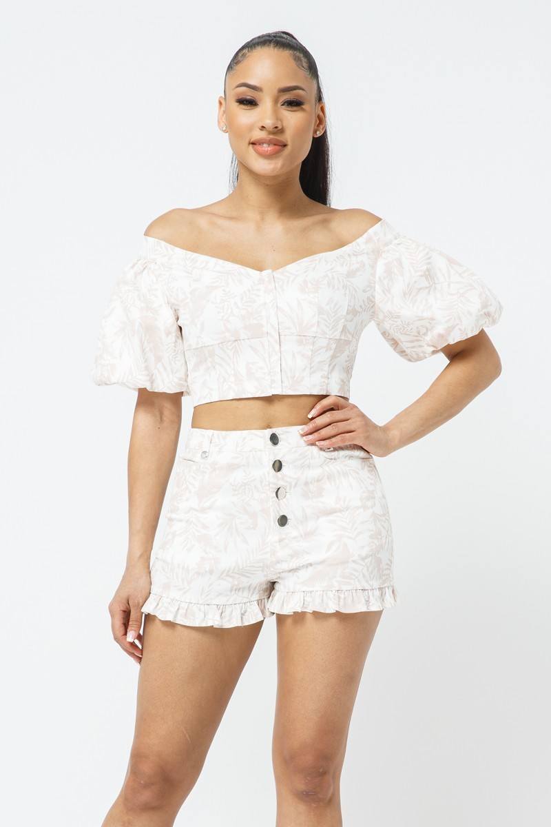 Cotton Off-shoulder Puff Sleeve Crop Top With Front Zipped Matching Shorts Set - LOLA LUXE