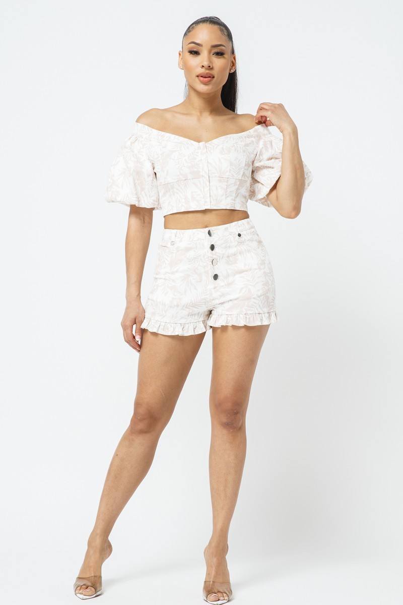 Cotton Off-shoulder Puff Sleeve Crop Top With Front Zipped Matching Shorts Set - LOLA LUXE