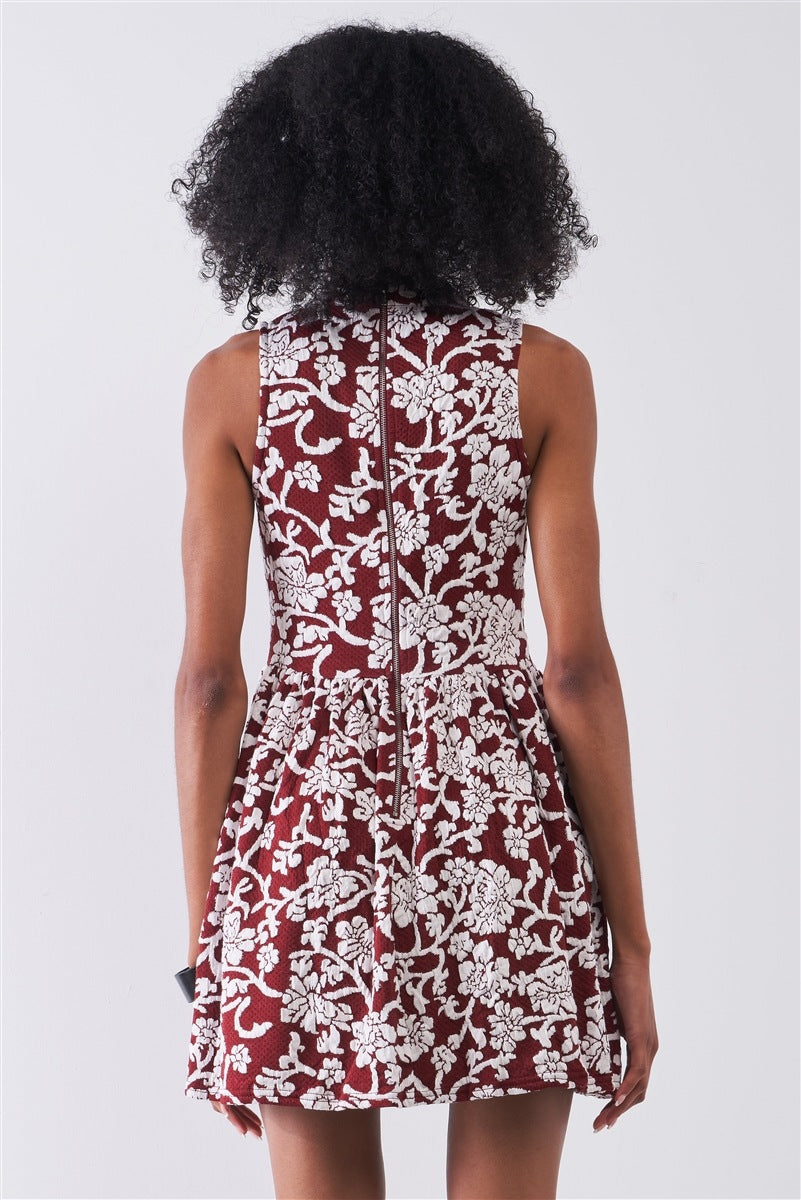 Burgundy & White Floral Crew Neck Sleeveless Fitted Mini Dress - LOLA LUXE