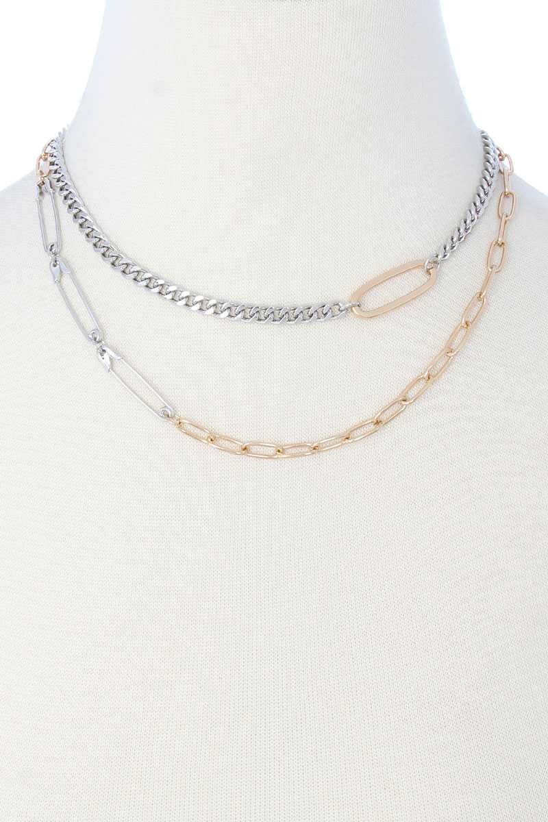 2 Layered Metal Clothing Pin Chain Multi Necklace - LOLA LUXE
