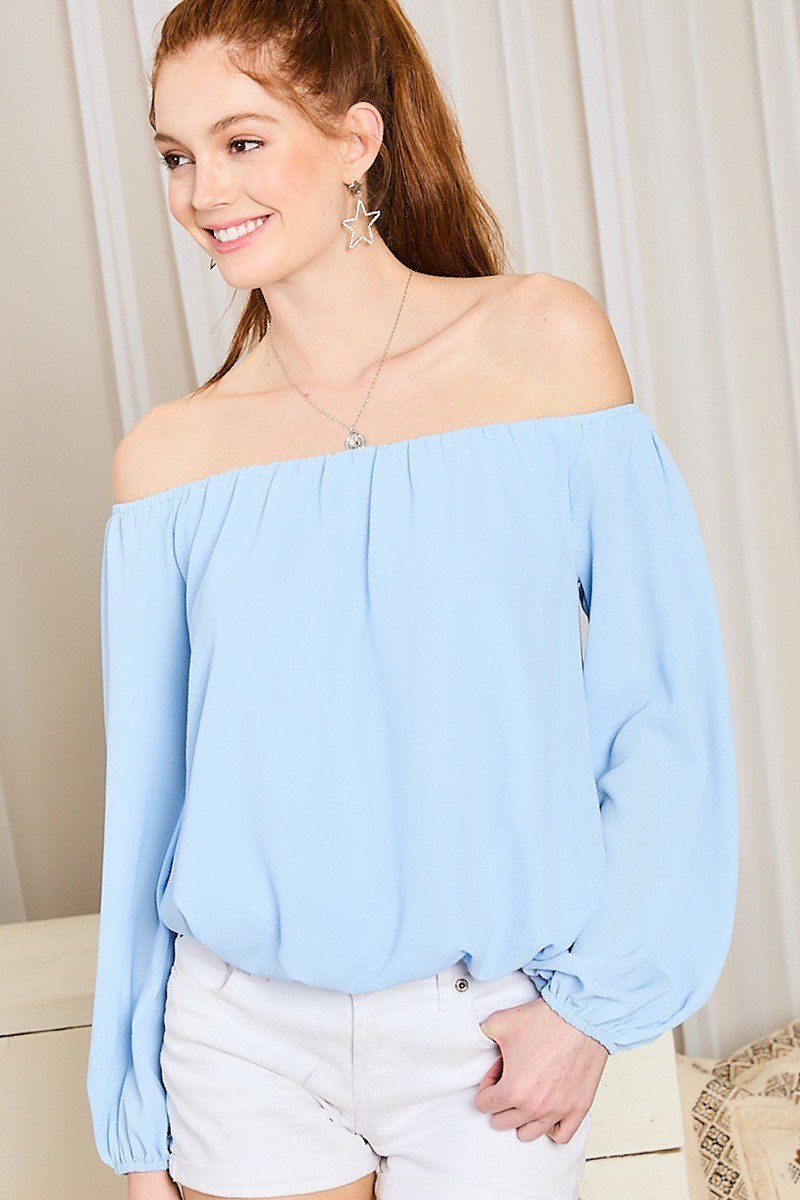 Off Shoulder Long Bubble Sleeve Solid Top - LOLA LUXE