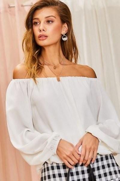 Off Shoulder Long Bubble Sleeve Solid Top - LOLA LUXE
