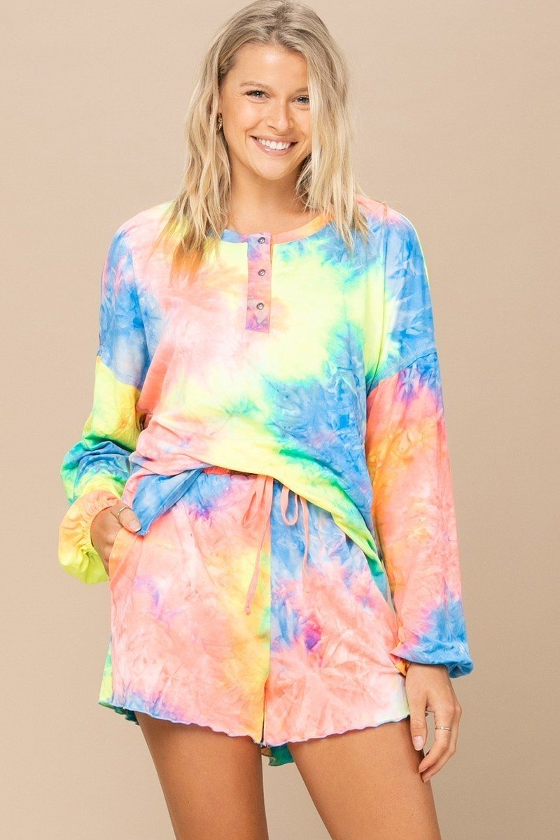 Tie-dye Printed Knit Top And Shorts Set - LOLA LUXE