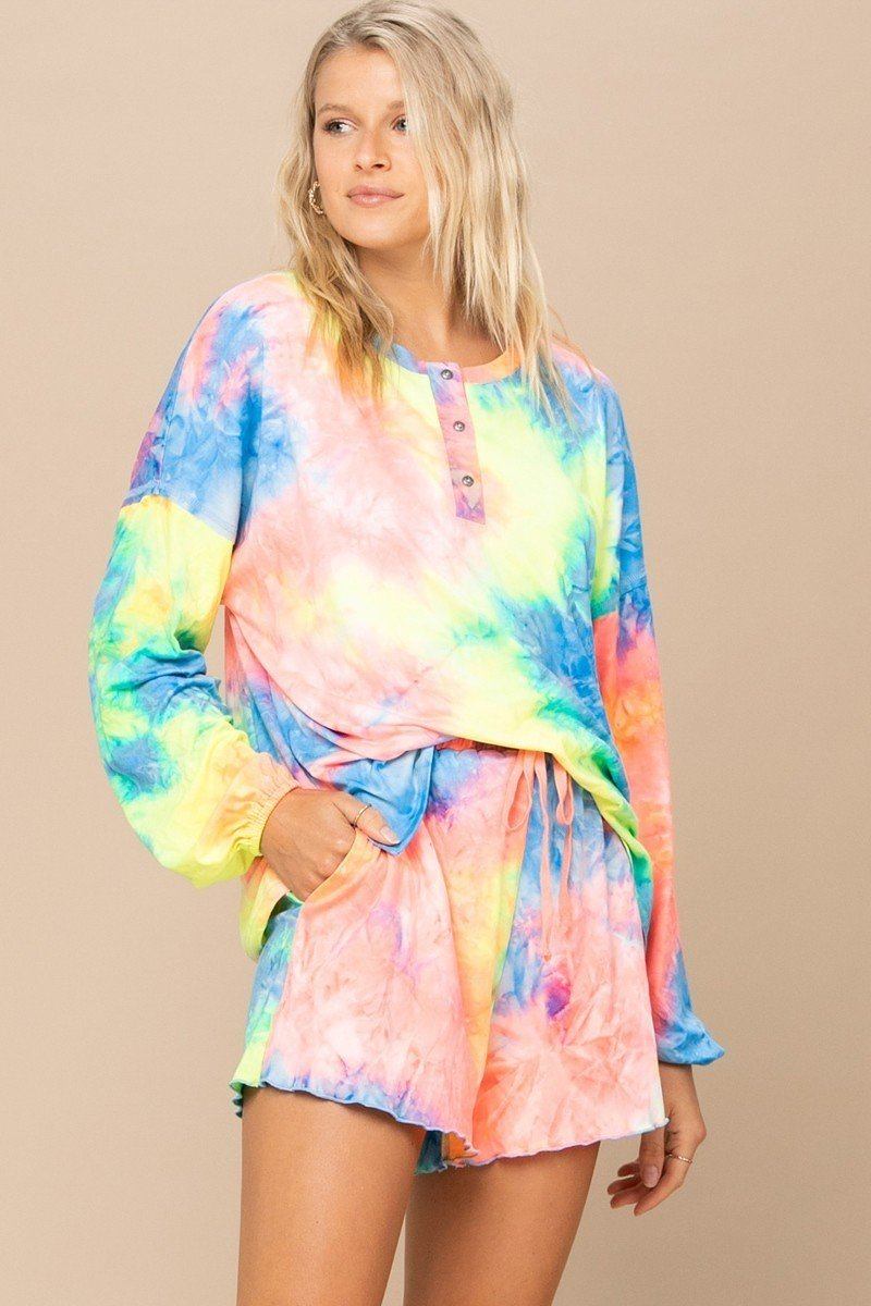 Tie-dye Printed Knit Top And Shorts Set - LOLA LUXE
